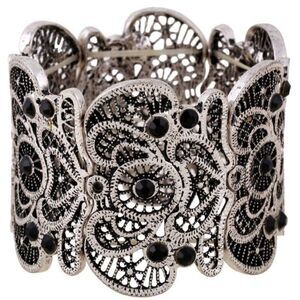 Vintage Silver Lace Filigree Crystal Cuff Bracelet